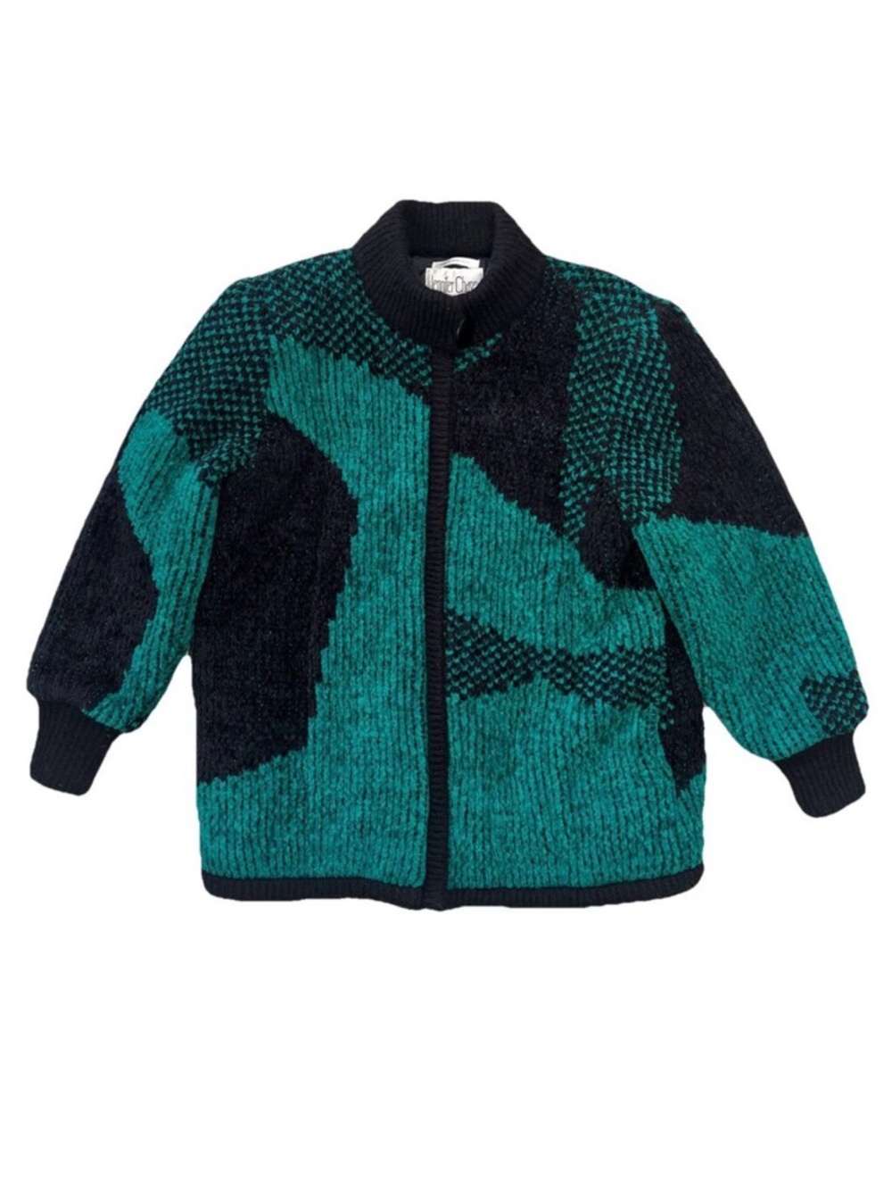 Vintage Jennifer Chase Knit Coat Jacket L Black Teal Abstract 80s 90s